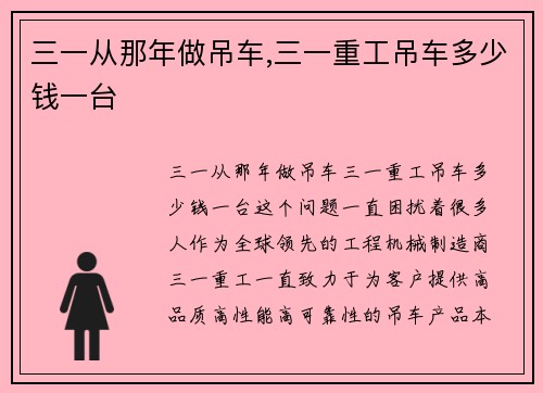 三一从那年做吊车,三一重工吊车多少钱一台