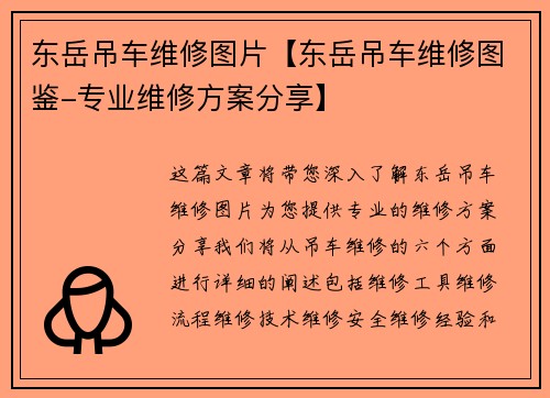 东岳吊车维修图片【东岳吊车维修图鉴-专业维修方案分享】