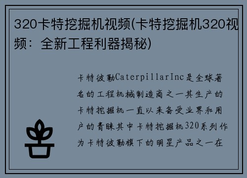 320卡特挖掘机视频(卡特挖掘机320视频：全新工程利器揭秘)